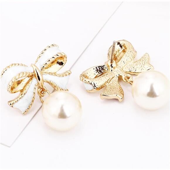 Gold Pearl Bow Earrings - Trendy White Coquette Ribbon Dangle Jewelry for Women - Picture 4 of 7